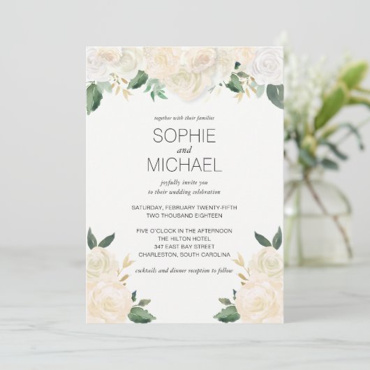 Huwelijksuitnodiging Witte bloemen Kaart (Staand voorkant)