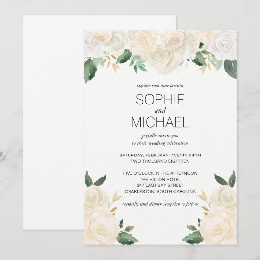 Huwelijksuitnodiging Witte bloemen Kaart (Voorkant / Achterkant)