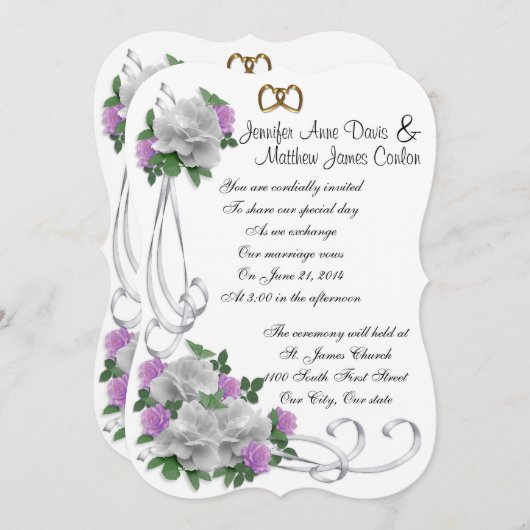 Huwelijksuitnodiging Witte en lavendel rozen Kaart (Voorkant / Achterkant)