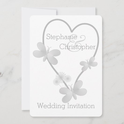 Huwelijksuitnodiging Zilveren Hart en Vlinders Kaart (Voorkant)