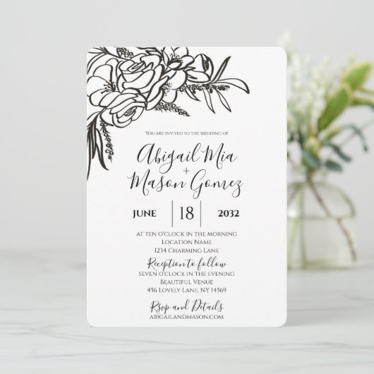 Huwelijksuitnodiging Zwart & Wit Kaart (Staand voorkant)