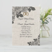 Huwelijksuitnodiging zwart-witte rozen op linnen kaart (Staand voorkant)