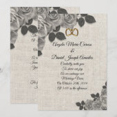 Huwelijksuitnodiging zwart-witte rozen op linnen kaart (Voorkant / Achterkant)