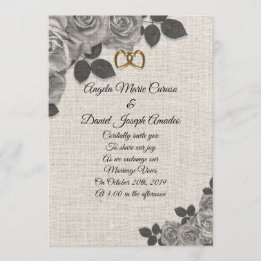 Huwelijksuitnodiging zwart-witte rozen op linnen kaart