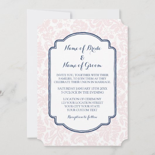 Huwelijksuitnodigingen Blush Navy Blue Damask Kaart (Achterkant)