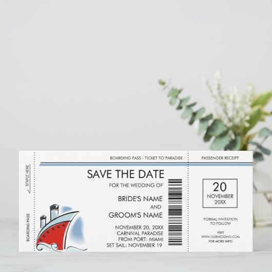 Huwelijksuitnodigingen Cruise Schip Save the Date (Staand voorkant)