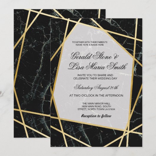 Huwelijksuitnodigingen Elegant Zwart Marmer Goud Kaart (Voorkant / Achterkant)