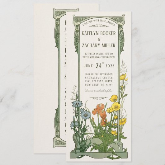 Huwelijksuitnodigingen | Floral Art Nouveau Kaart (Voorkant / Achterkant)