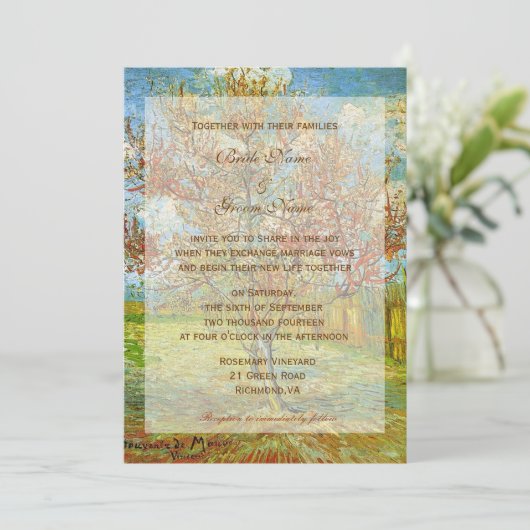 Huwelijksuitnodigingen.  florale roze perzikkleuri kaart (Staand voorkant)