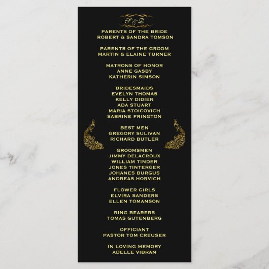 Huwelijksuitnodigingen | Gold Peacock-programma op Programmakaart (Achterkant)