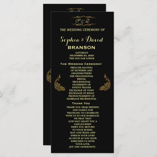 Huwelijksuitnodigingen | Gold Peacock-programma op Programmakaart (Voorkant / Achterkant)