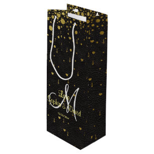 Huwelijksuitnodigingen   Goud-Confetti-monogram Wijn Cadeautas