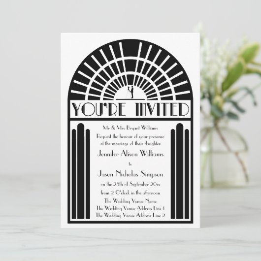 Huwelijksuitnodigingen in gedurfde Art Deco-stijl Kaart (Staand voorkant)