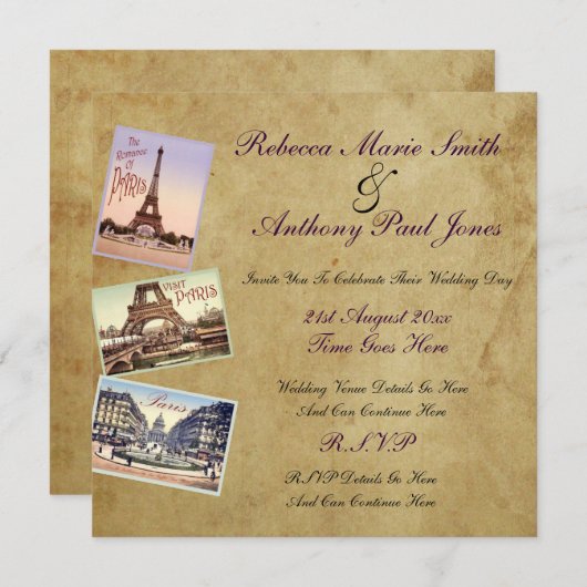 huwelijksuitnodigingen in Parijs Kaart (Voorkant / Achterkant)