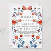 Huwelijksuitnodigingen in Volkskunststijl Blauw en Kaart (Voorkant)