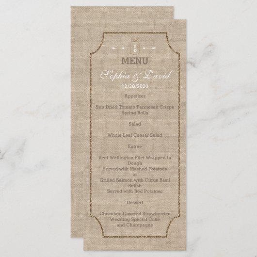 Huwelijksuitnodigingen | Mason Jar Linnen Canvas M Menu (Voorkant / Achterkant)