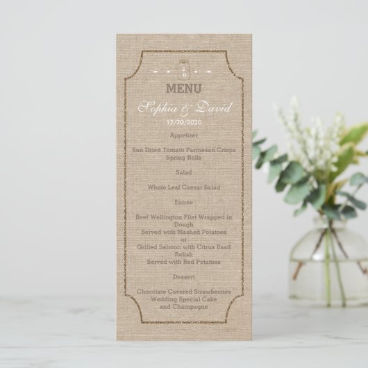 Huwelijksuitnodigingen | Mason Jar Linnen Canvas M Menu (Staand voorkant)