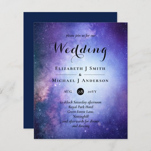 Huwelijksuitnodigingen met budget blauw nachthemel (Voorkant / Achterkant)