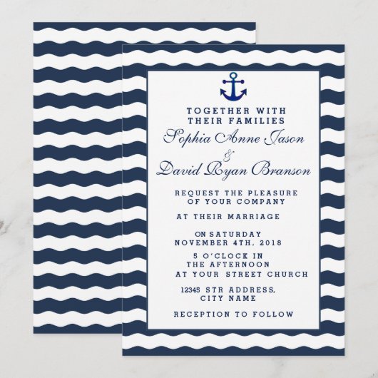 Huwelijksuitnodigingen | Nautical Navy Waves Ancho Kaart (Voorkant / Achterkant)