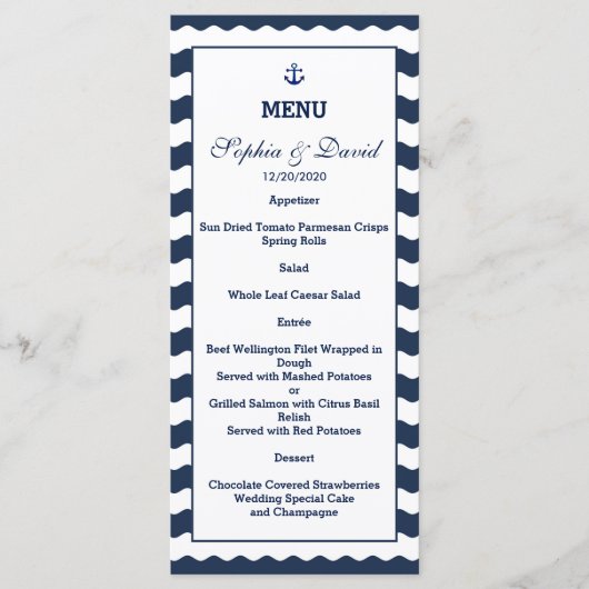 Huwelijksuitnodigingen | Nautische Navy Waves Menu (Voorkant)