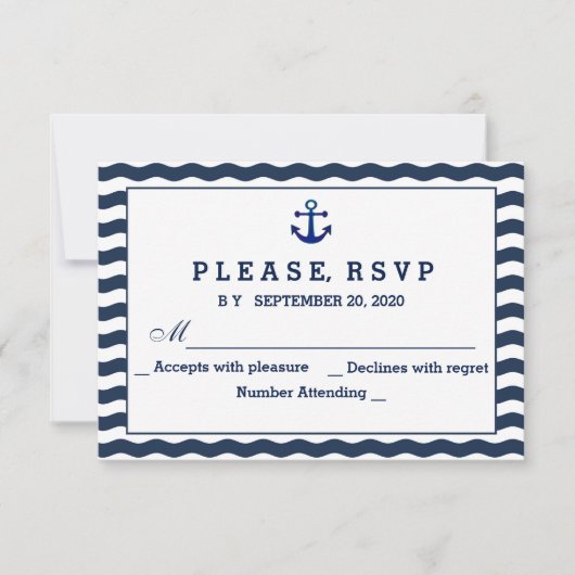 Huwelijksuitnodigingen | Nautische Navy Waves RSVP Kaartje (Voorkant)