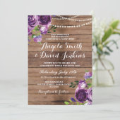 Huwelijksuitnodigingen Rustiek Hout Paarse Bloemen Kaart (Staand voorkant)