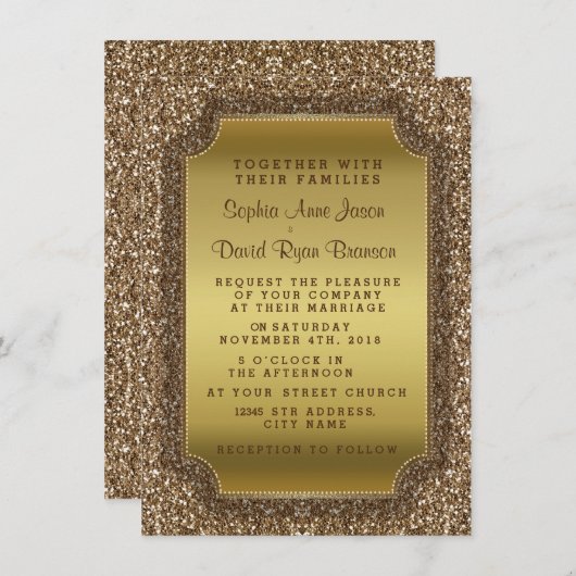 Huwelijksuitnodigingen | Uitnodiging voor goudglit (Voorkant / Achterkant)