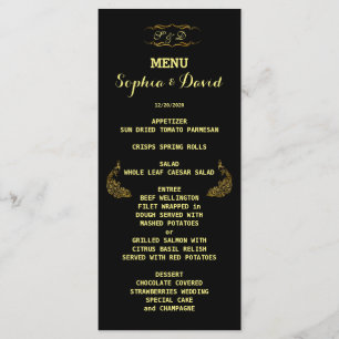 Huwelijksuitnodigingen   Zwart menu Gold Peacock