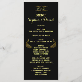 Huwelijksuitnodigingen | Zwart menu Gold Peacock