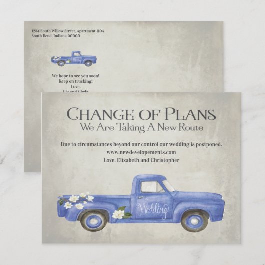 Huwelijksverandering van plannen uitgesteld Blue T Briefkaart (Voorkant / Achterkant)