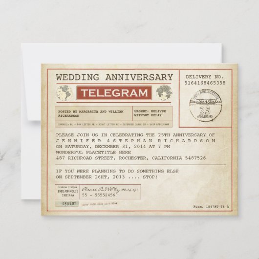 huwelijksverjaardag telegram uitnodiging in vintag (Voorkant)