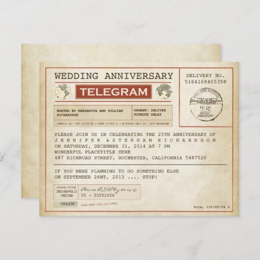 huwelijksverjaardag telegram uitnodiging in vintag (Voorkant / Achterkant)