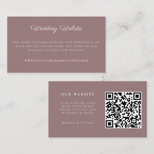 Huwelijkswebsite | Minimalistische Mauve RSVP QR-c Informatiekaartje (Voorkant / Achterkant)