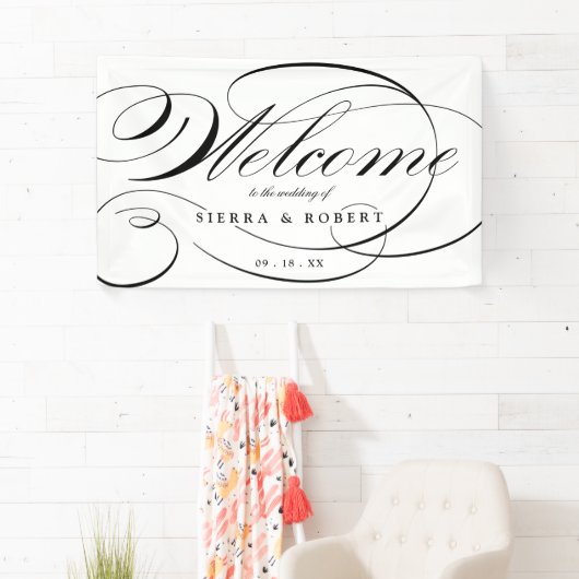 Huwelijkswelkom Elegant Script Zwart en Wit Spandoek (Insitu)