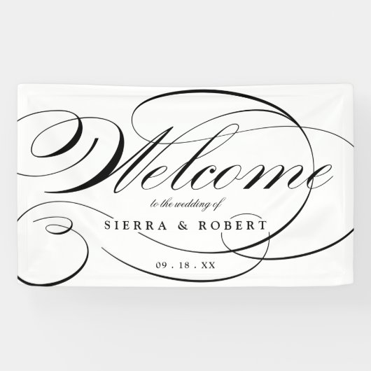 Huwelijkswelkom Elegant Script Zwart en Wit Spandoek (Horizontaal)