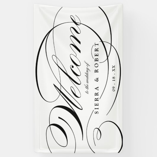 Huwelijkswelkom Elegant Script Zwart en Wit Spandoek (Verticaal)