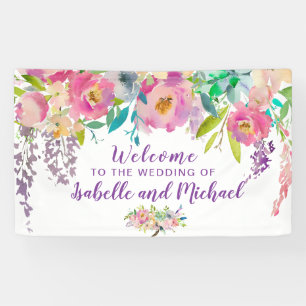 Huwelijkswelkom Pastel Roze & Paarse Bloemen Banne Spandoek