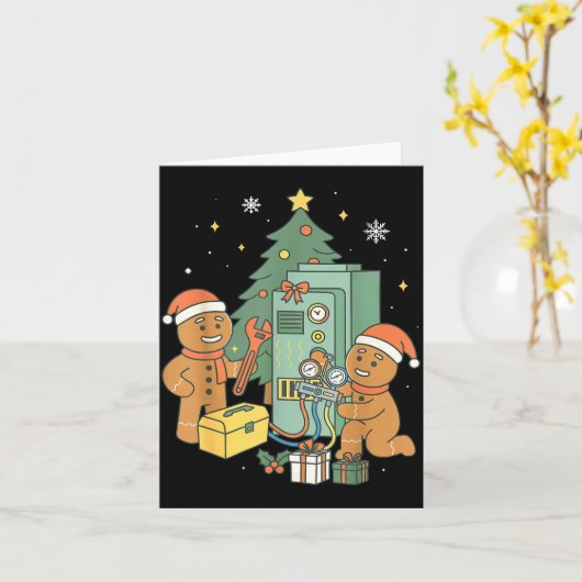 Hvac Gingerbread Christmas Technician Construction Kaart (Gele Bloem)