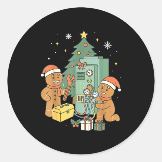 Hvac Gingerbread Christmas Technician Construction Ronde Sticker (Voorkant)