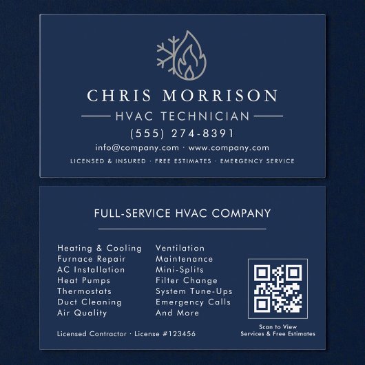 HVAC Navy Blue Silver QR Code Visitekaartje