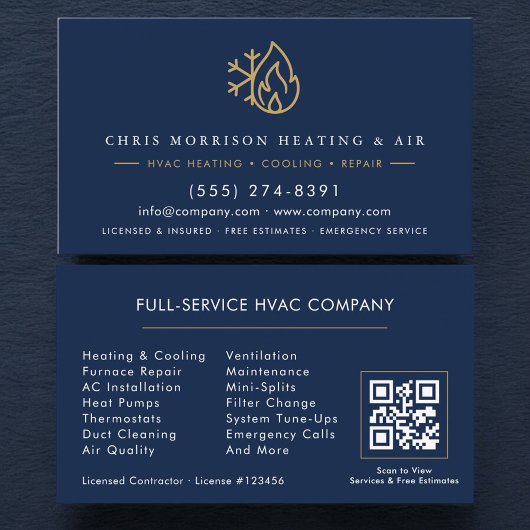 HVAC Services Company Navy Blue Gold QR Code Visitekaartje