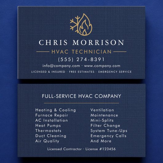 HVAC Technician Navy Blue Gold Linen Visitekaartje