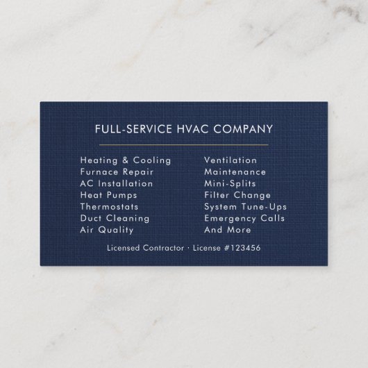 HVAC Technician Navy Blue Gold Linen Visitekaartje (Achterkant)