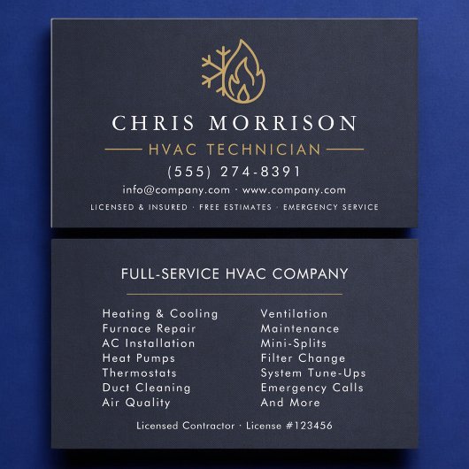HVAC Technician Navy Blue Gold Modern Visitekaartje