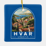Hvar Kroatië Reizen Kunst Vintage Keramisch Ornament<br><div class="desc">Hvar retro vector reisontwerp. Hvar,  een Kroatisch eiland in het Adriatische Zee,  is vooral bekend als een zomerresort. Hoogtepunten van de havenstad Hvar zijn onder andere de 13e-eeuwse muren.</div>