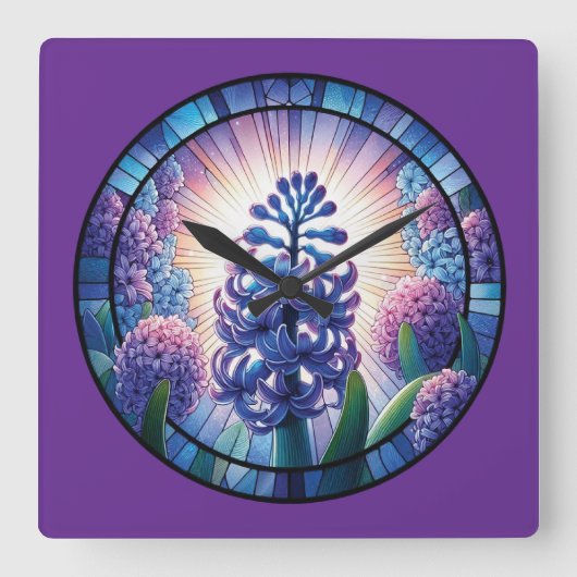 Hyacint Glas in lood Art Vierkante Klok (Voorkant)