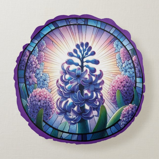 Hyacint Glas-in-lood Kunst Rond Kussen (Voorkant)