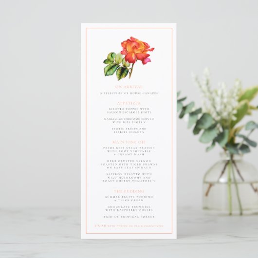 Hybride thee roos sinaasappel waterverf bruiloft m menu (Staand voorkant)