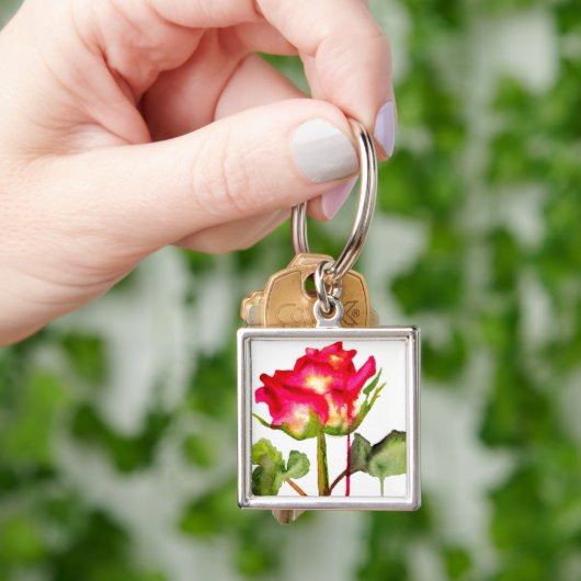 Hybride thee Roos waterverf moderne bloemkunst Sleutelhanger (Hand)