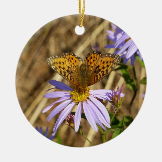 Hydaspe Fritillary op Paarse Aster Flowers Keramisch Ornament (Voorkant)
